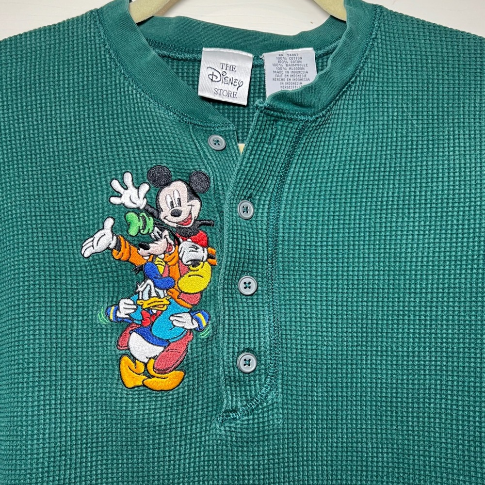 Vintage Disney Store Mickey Goofy Donald Green Waffle Knit Henley Shirt Medium